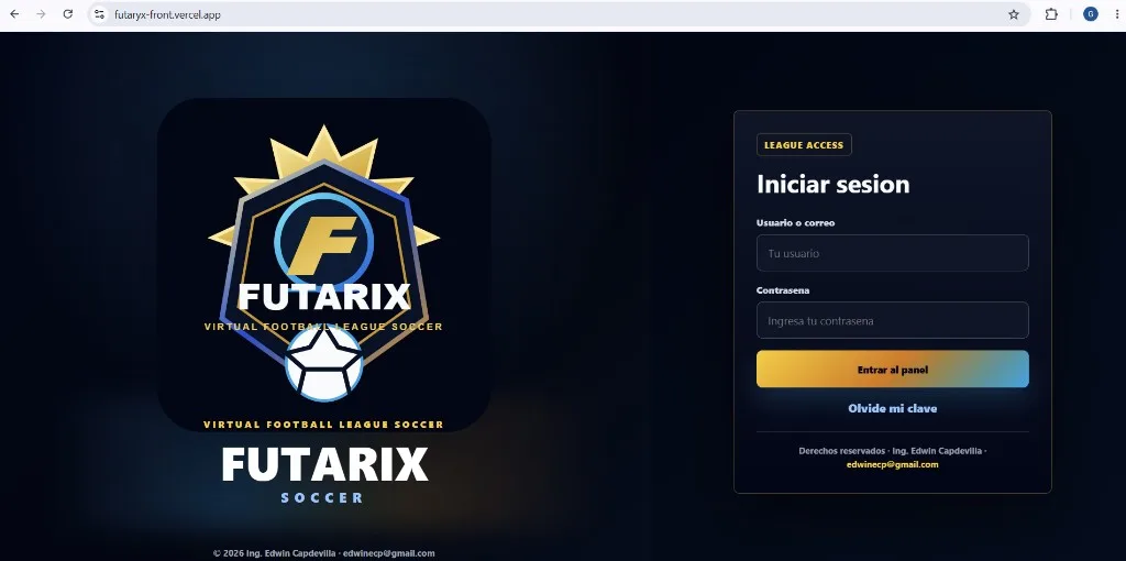 Pantalla de inicio de sesión de Futarix, liga virtual de fútbol.