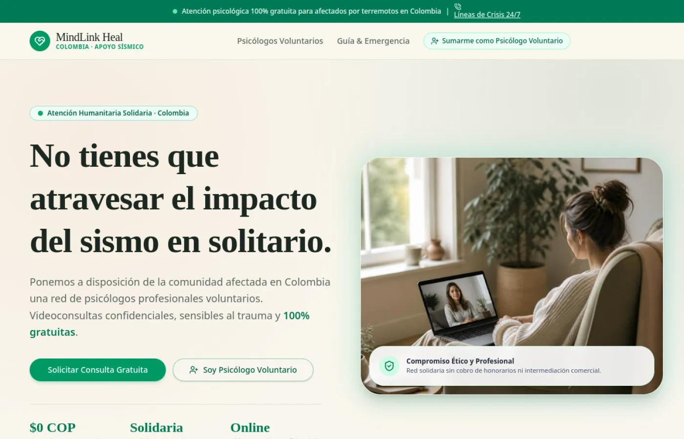 Página de inicio de MindLink Heal Colombia, con solicitud de consulta gratuita.